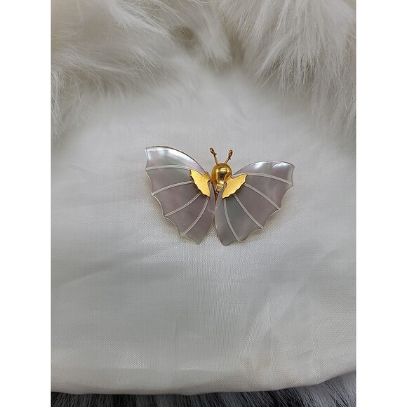 Antique Jewelry - Vintage Antique Gold Tone Mother of Pearl Moth Butterfly Brooch Bouquet Pin